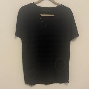 Men's True Religion Black Henley T-Shirt with Unique Circle Patch Detailing M
